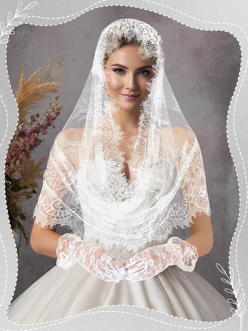 BOARDFEB 2 Pcs Lace Veil Church Mantilla Catholic Veil Bridal Wedding Veils Halloween Veil Gloves - Image 4